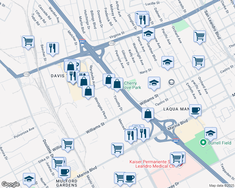 map of restaurants, bars, coffee shops, grocery stores, and more near 1734 Timothy Drive in San Leandro