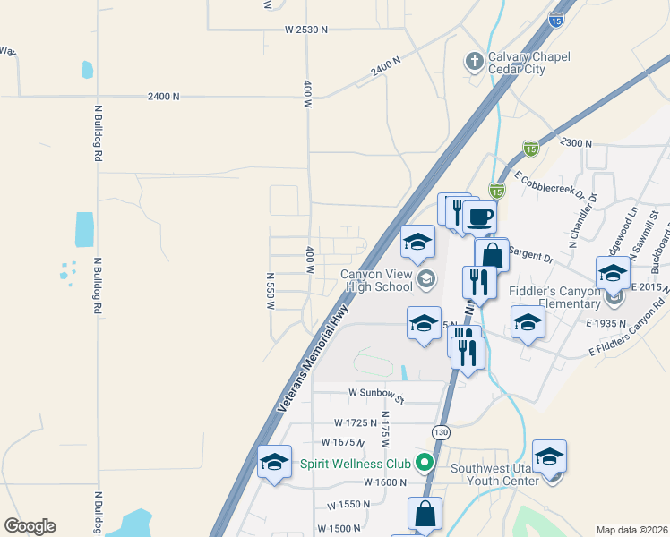 map of restaurants, bars, coffee shops, grocery stores, and more near 418 West 2050 North in Cedar City