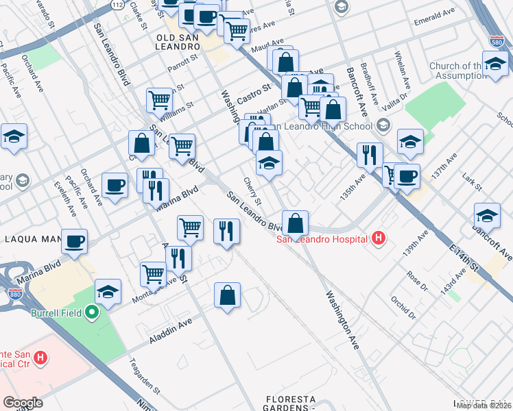 map of restaurants, bars, coffee shops, grocery stores, and more near 2355 Cherry Street in San Leandro