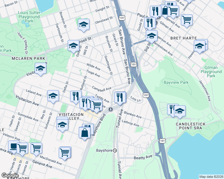map of restaurants, bars, coffee shops, grocery stores, and more near 3901 San Bruno Avenue in San Francisco