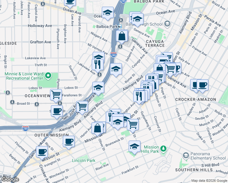 map of restaurants, bars, coffee shops, grocery stores, and more near 2632 Alemany Boulevard in San Francisco