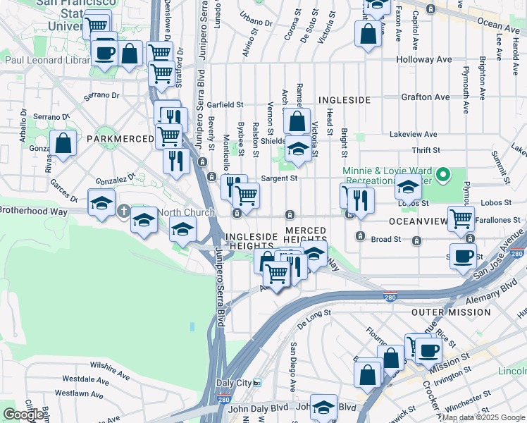 map of restaurants, bars, coffee shops, grocery stores, and more near in San Francisco