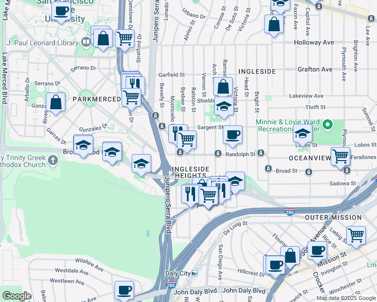 map of restaurants, bars, coffee shops, grocery stores, and more near 700 Randolph Street in San Francisco