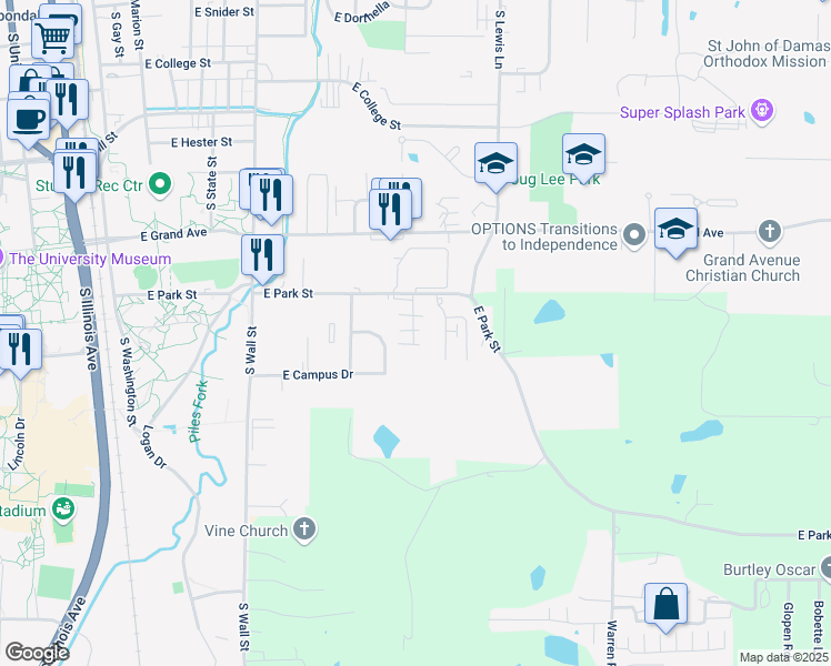 map of restaurants, bars, coffee shops, grocery stores, and more near Unnamed Road in Carbondale