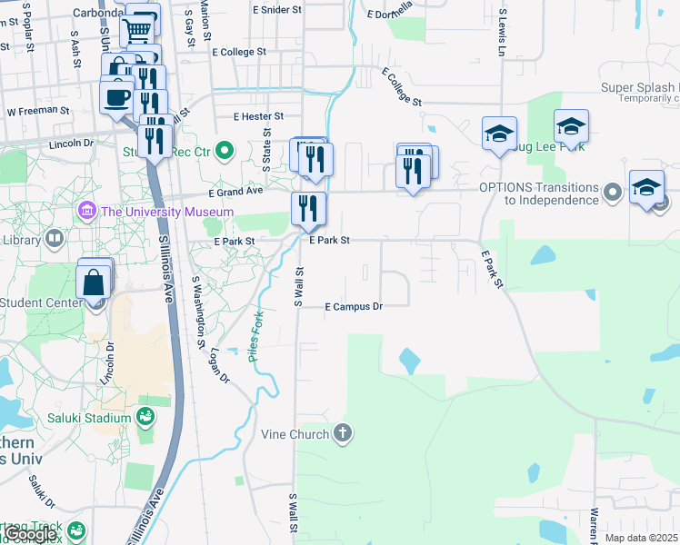 map of restaurants, bars, coffee shops, grocery stores, and more near 612 East Campus Drive in Carbondale