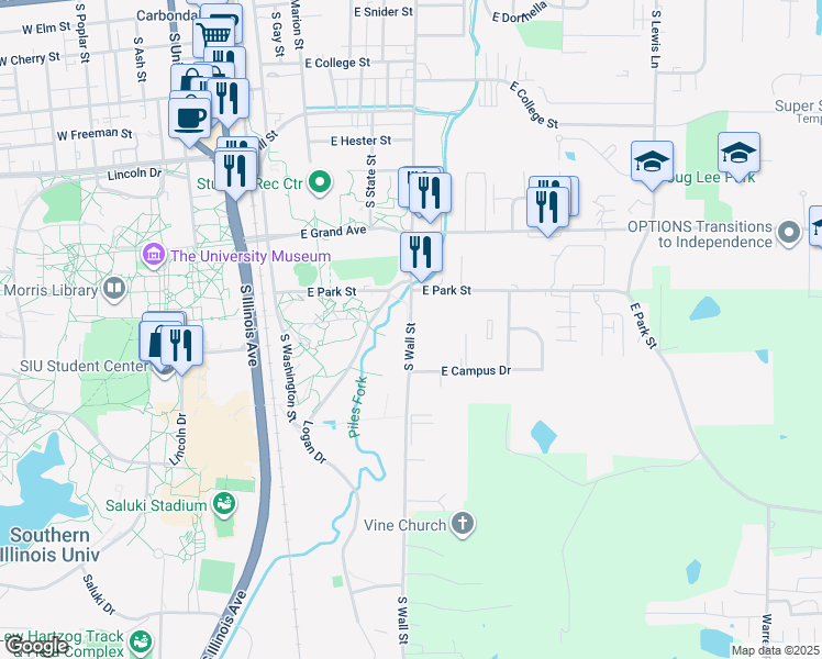 map of restaurants, bars, coffee shops, grocery stores, and more near 1147 South Wall Street in Carbondale