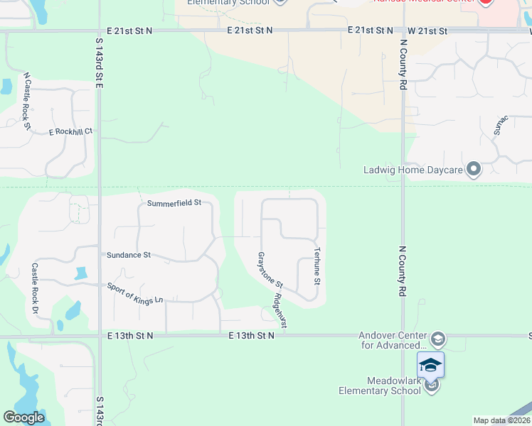 map of restaurants, bars, coffee shops, grocery stores, and more near 15216 Sundance Street in Wichita