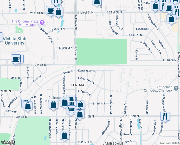 map of restaurants, bars, coffee shops, grocery stores, and more near 1732 Harding St in Wichita