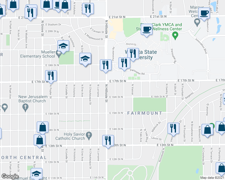 map of restaurants, bars, coffee shops, grocery stores, and more near 1728 North Holyoke Street in Wichita