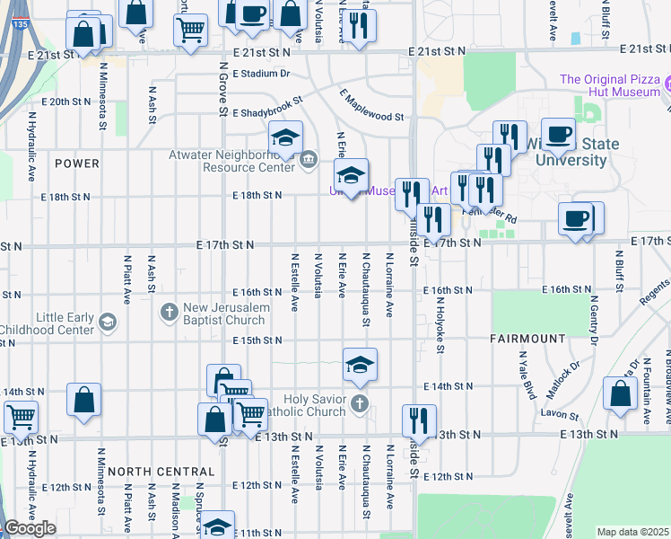 map of restaurants, bars, coffee shops, grocery stores, and more near 1730 N Volutsia St in Wichita