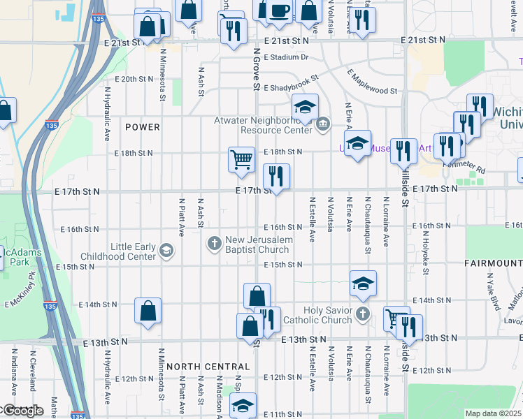 map of restaurants, bars, coffee shops, grocery stores, and more near 1728 North Grove Avenue in Wichita