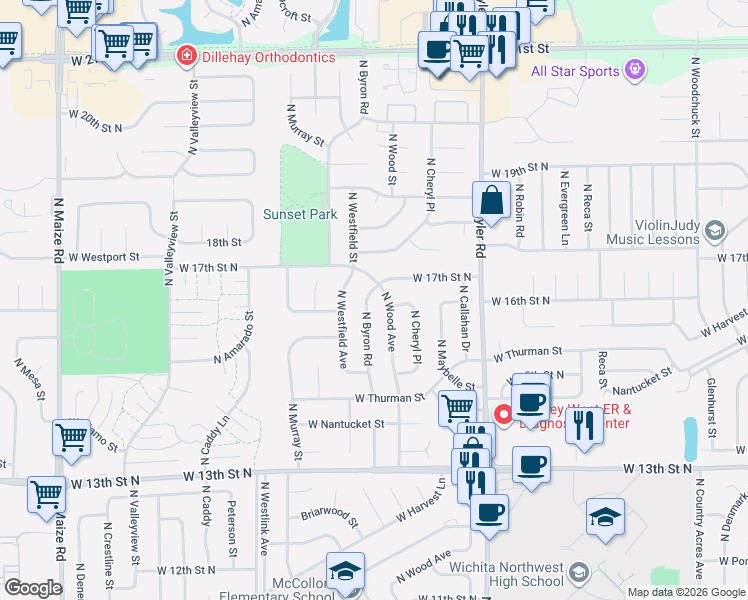 map of restaurants, bars, coffee shops, grocery stores, and more near 1734 North Byron Road in Wichita