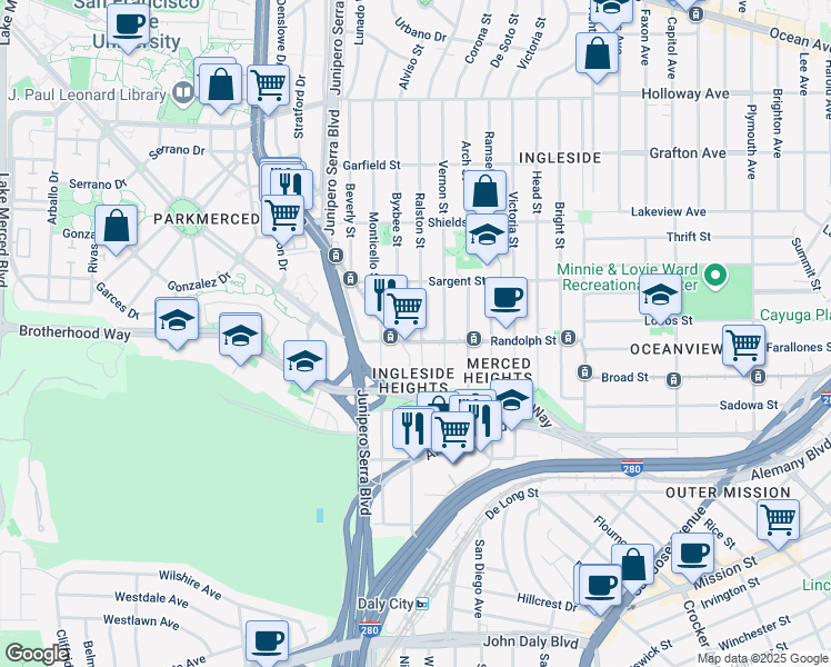 map of restaurants, bars, coffee shops, grocery stores, and more near 700 Randolph Street in San Francisco