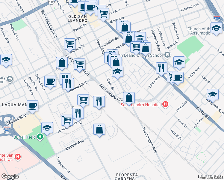map of restaurants, bars, coffee shops, grocery stores, and more near 2355 Cherry Street in San Leandro