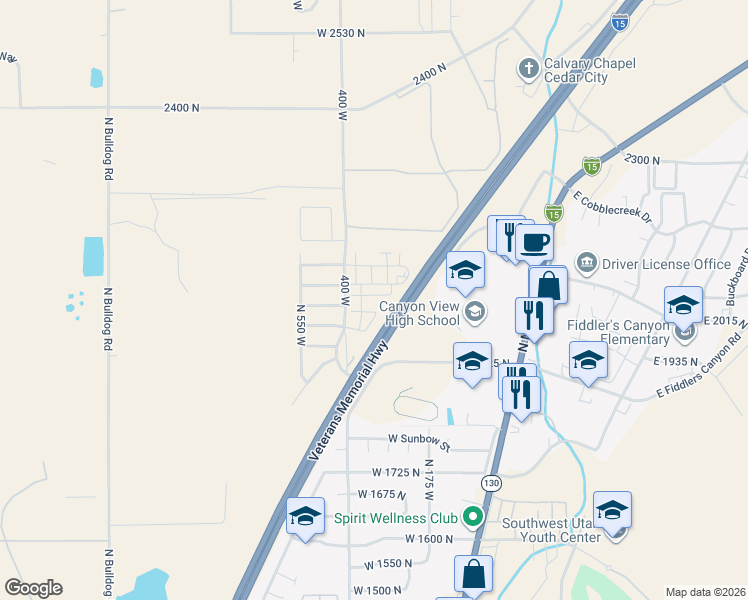 map of restaurants, bars, coffee shops, grocery stores, and more near 418 West 2050 North in Cedar City
