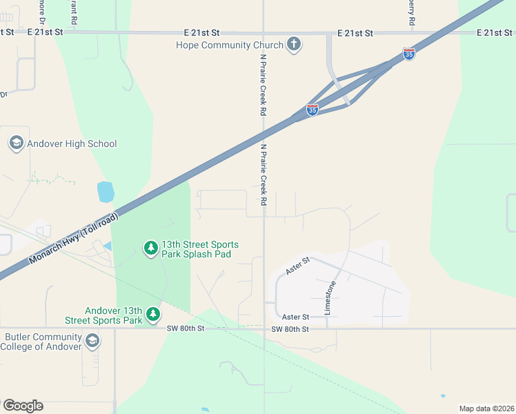 map of restaurants, bars, coffee shops, grocery stores, and more near 1615 North Prairie Creek Road in Andover