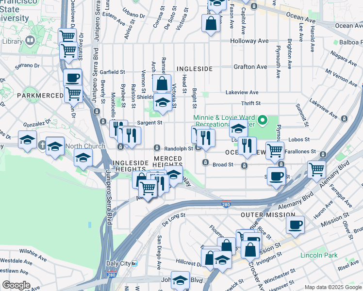 map of restaurants, bars, coffee shops, grocery stores, and more near 401-409 Head Street in San Francisco