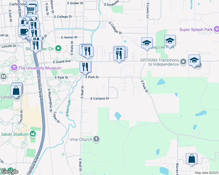 map of restaurants, bars, coffee shops, grocery stores, and more near 1199 South Glenbeth Drive in Carbondale