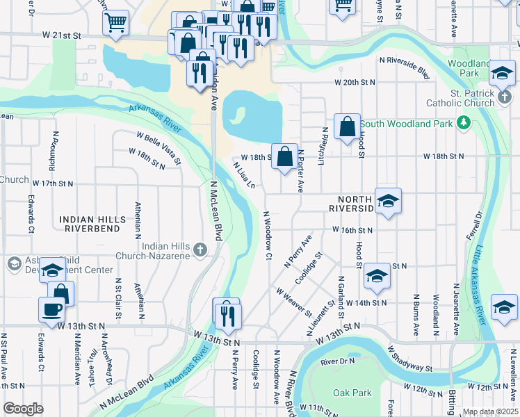map of restaurants, bars, coffee shops, grocery stores, and more near 1737 North Woodrow Court in Wichita