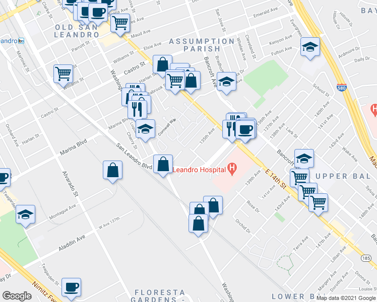 map of restaurants, bars, coffee shops, grocery stores, and more near 13485 Rose Drive in San Leandro