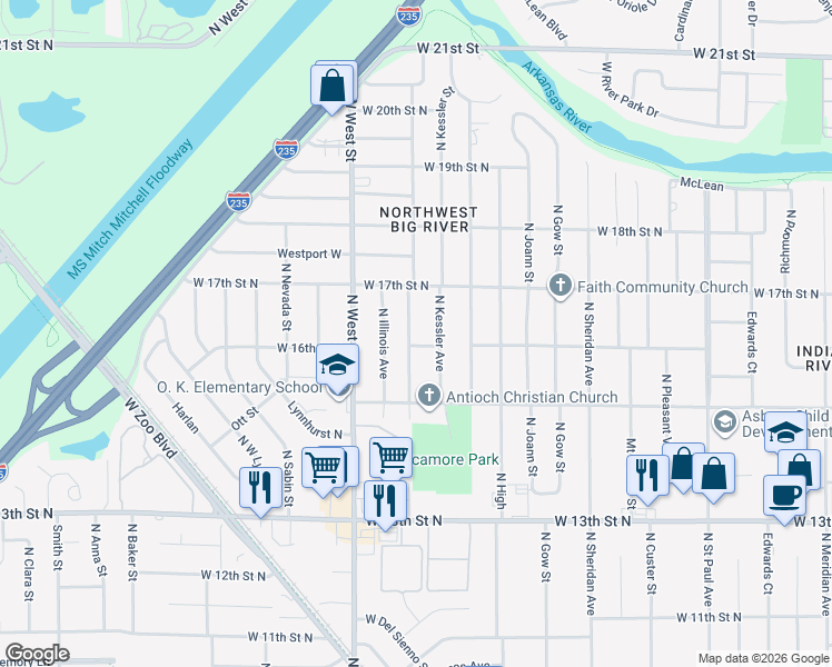 map of restaurants, bars, coffee shops, grocery stores, and more near 1710 North McComas Street in Wichita