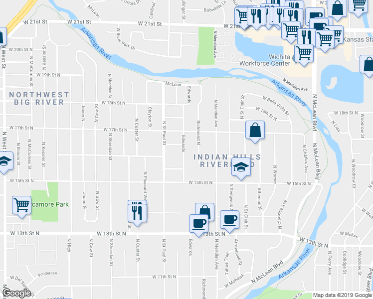 map of restaurants, bars, coffee shops, grocery stores, and more near 1744 North Edwards in Wichita