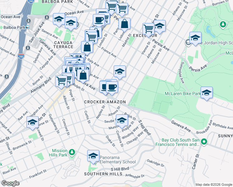 map of restaurants, bars, coffee shops, grocery stores, and more near 943 Vienna Street in San Francisco