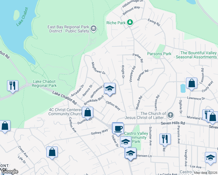 map of restaurants, bars, coffee shops, grocery stores, and more near 3653 Brookdale Boulevard in Castro Valley