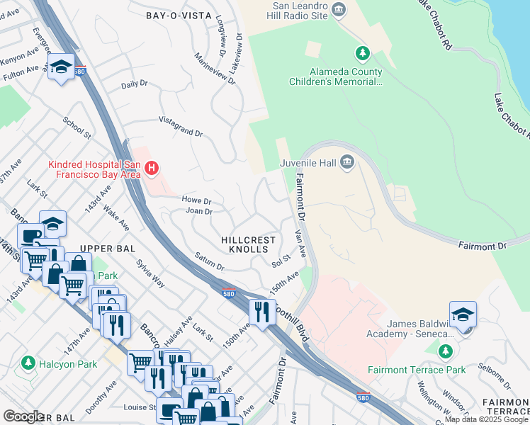 map of restaurants, bars, coffee shops, grocery stores, and more near 14714 Midland Road in San Leandro