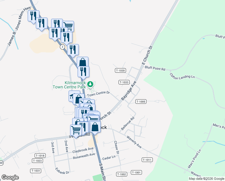 map of restaurants, bars, coffee shops, grocery stores, and more near 3 Fox Hill Drive in Kilmarnock