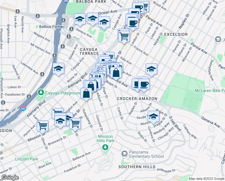 map of restaurants, bars, coffee shops, grocery stores, and more near 30 Curtis Street in San Francisco