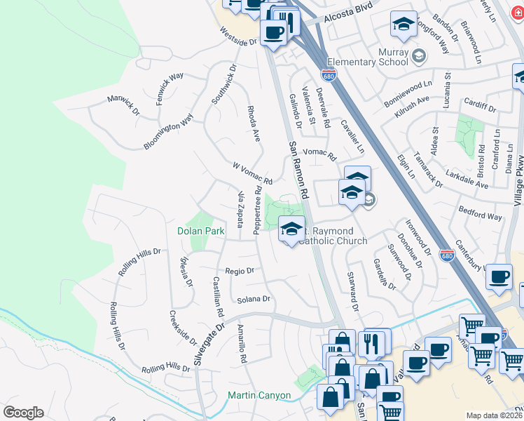 map of restaurants, bars, coffee shops, grocery stores, and more near 8093 Peppertree Road in Dublin