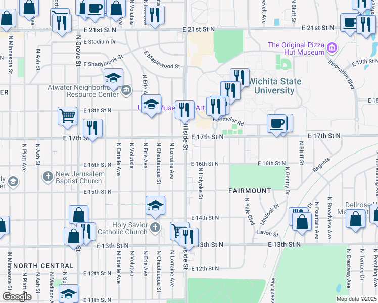 map of restaurants, bars, coffee shops, grocery stores, and more near 1728 North Hillside Street in Wichita
