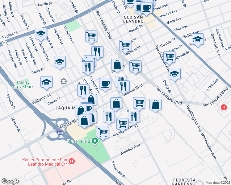 map of restaurants, bars, coffee shops, grocery stores, and more near 823 Estabrook Street in San Leandro