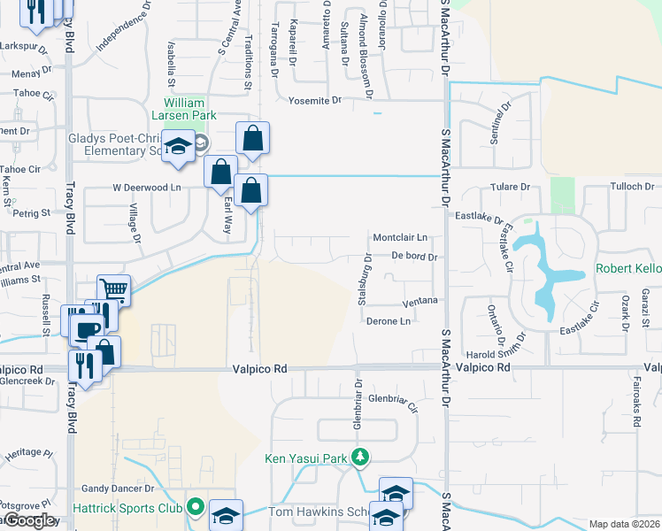 map of restaurants, bars, coffee shops, grocery stores, and more near 280 De bord Drive in Tracy