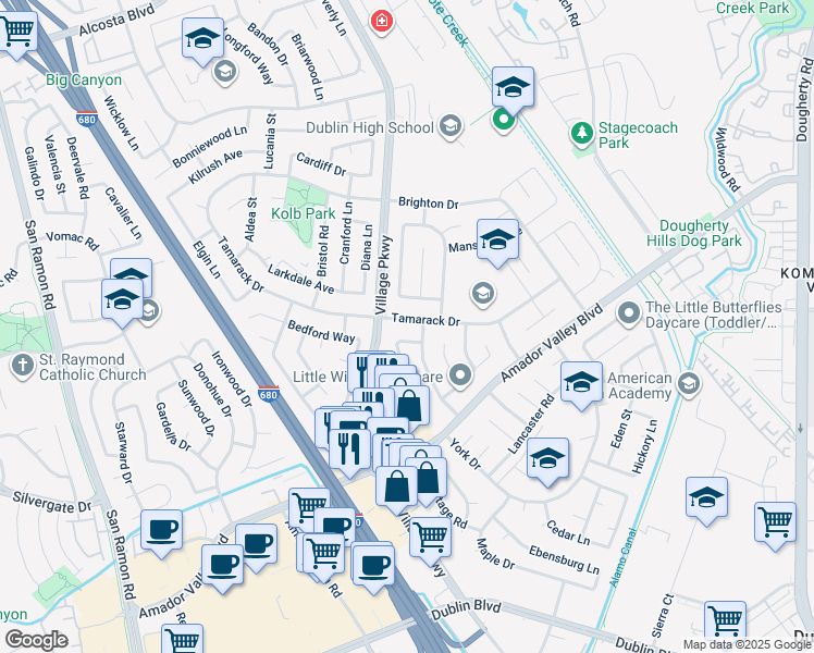 map of restaurants, bars, coffee shops, grocery stores, and more near 7448 Tamarack Drive in Dublin