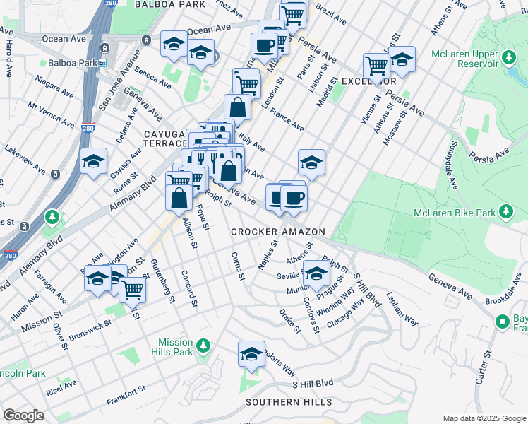 map of restaurants, bars, coffee shops, grocery stores, and more near 1118 Geneva Avenue in San Francisco