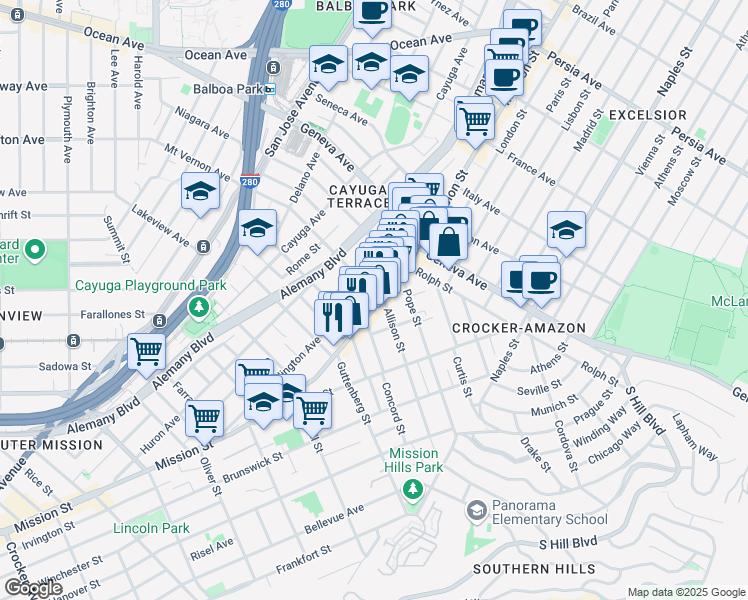 map of restaurants, bars, coffee shops, grocery stores, and more near 5306-5308 Mission Street in San Francisco