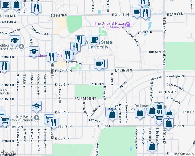map of restaurants, bars, coffee shops, grocery stores, and more near 1725 Roosevelt North in Wichita