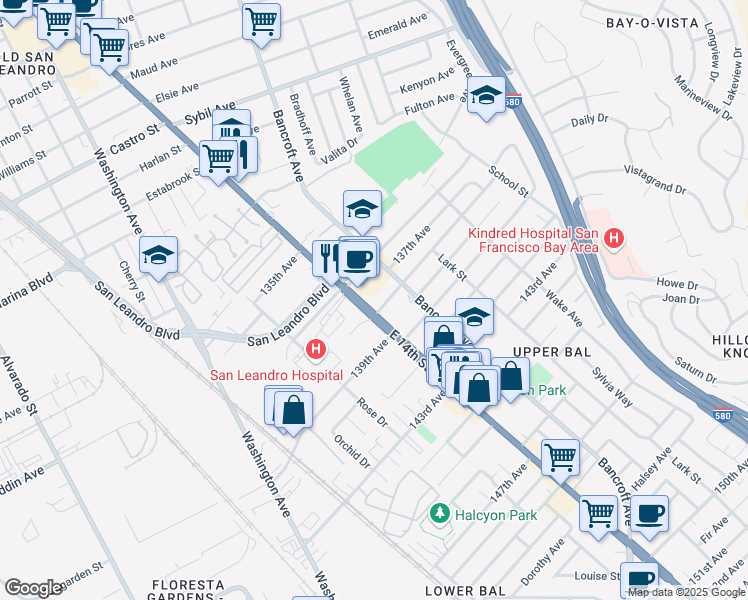 map of restaurants, bars, coffee shops, grocery stores, and more near 1434 138th Avenue in San Leandro