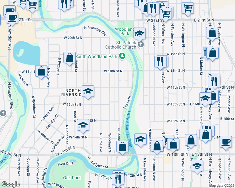 map of restaurants, bars, coffee shops, grocery stores, and more near 1727 North Jeanette Avenue in Wichita