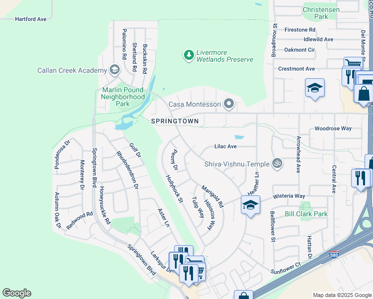 map of restaurants, bars, coffee shops, grocery stores, and more near 1592 Marigold Road in Livermore