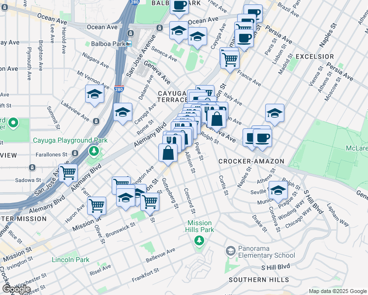 map of restaurants, bars, coffee shops, grocery stores, and more near 2 Mount Vernon Avenue in San Francisco