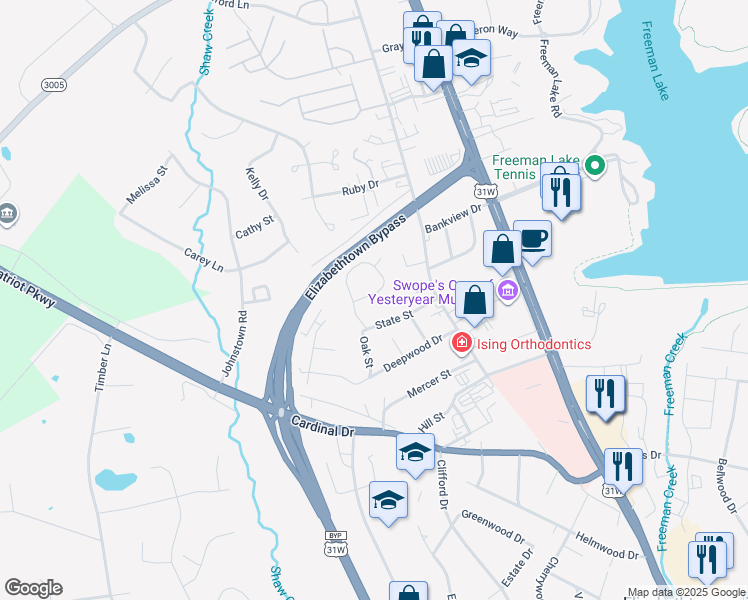 map of restaurants, bars, coffee shops, grocery stores, and more near 1160 Oak Drive in Elizabethtown