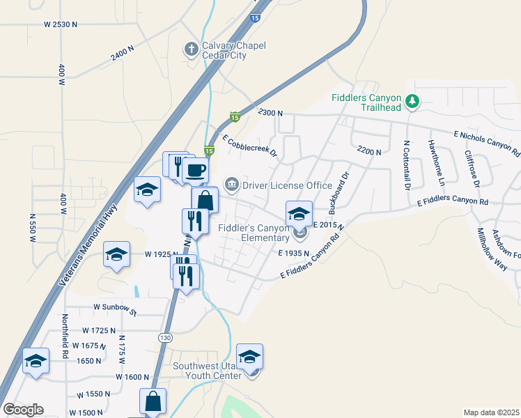 map of restaurants, bars, coffee shops, grocery stores, and more near 340 DL Sargent Drive in Cedar City