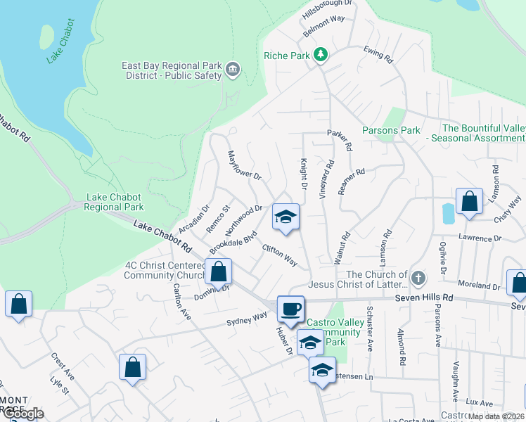 map of restaurants, bars, coffee shops, grocery stores, and more near 3653 Brookdale Boulevard in Castro Valley