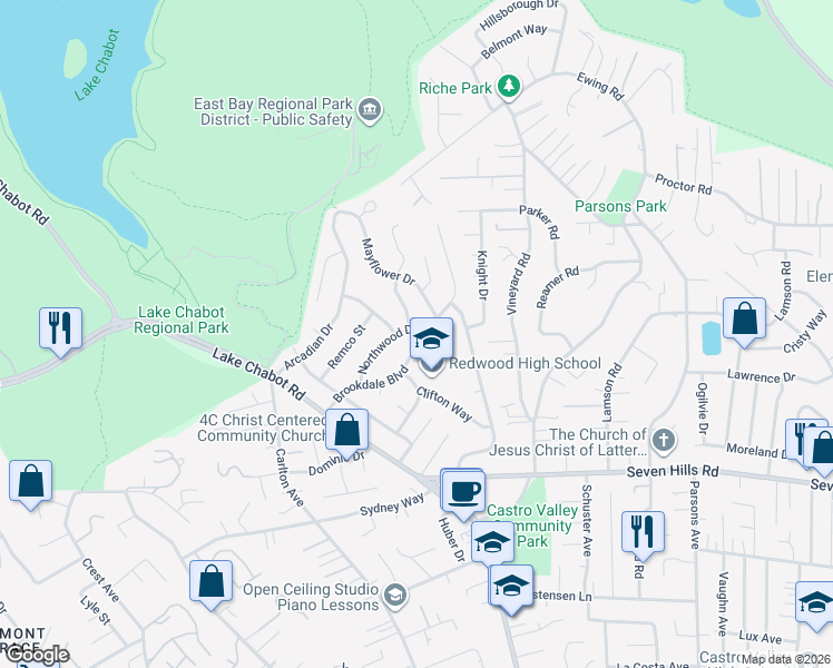 map of restaurants, bars, coffee shops, grocery stores, and more near 3653 Brookdale Boulevard in Castro Valley