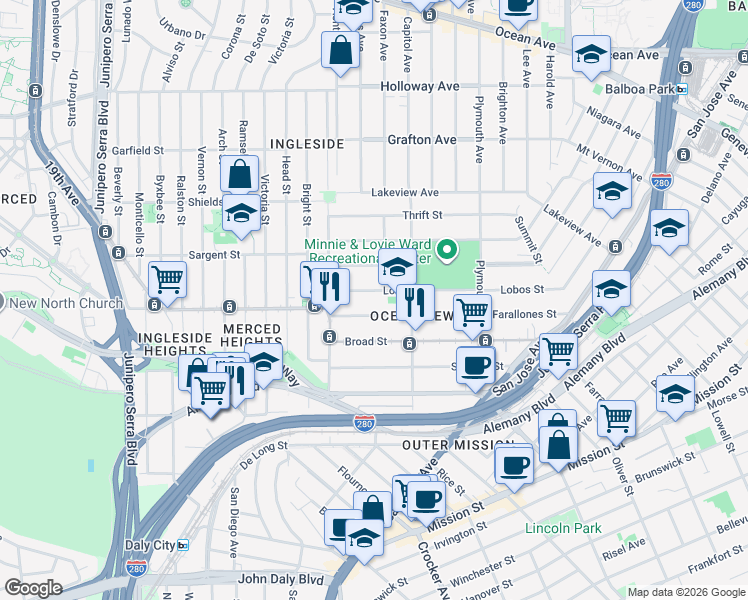 map of restaurants, bars, coffee shops, grocery stores, and more near 229 Lobos Street in San Francisco