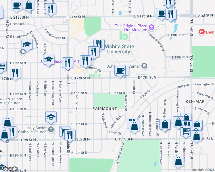map of restaurants, bars, coffee shops, grocery stores, and more near 1727 North Harvard Avenue in Wichita