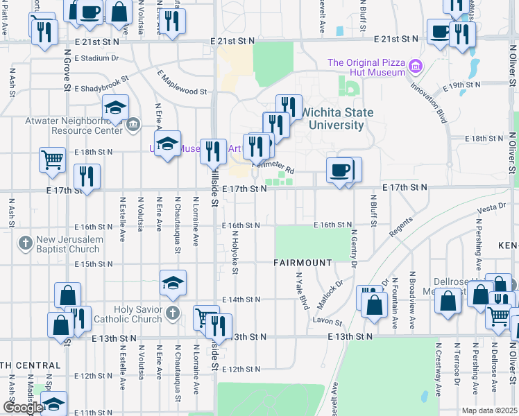 map of restaurants, bars, coffee shops, grocery stores, and more near 1717 North Vassar in Wichita